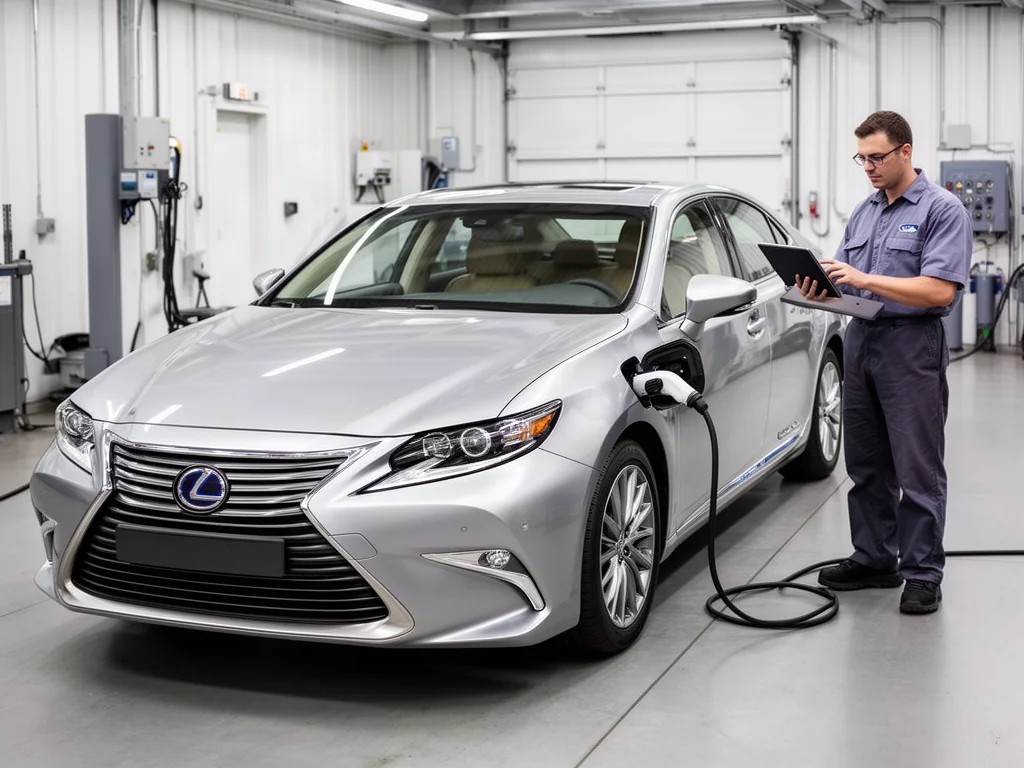 Lexus hybrid parked in a service bay while a technician reviews a battery diagnostic report