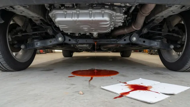 Reddish transmission fluid puddle on a garage floor beneath a car's transmission pan