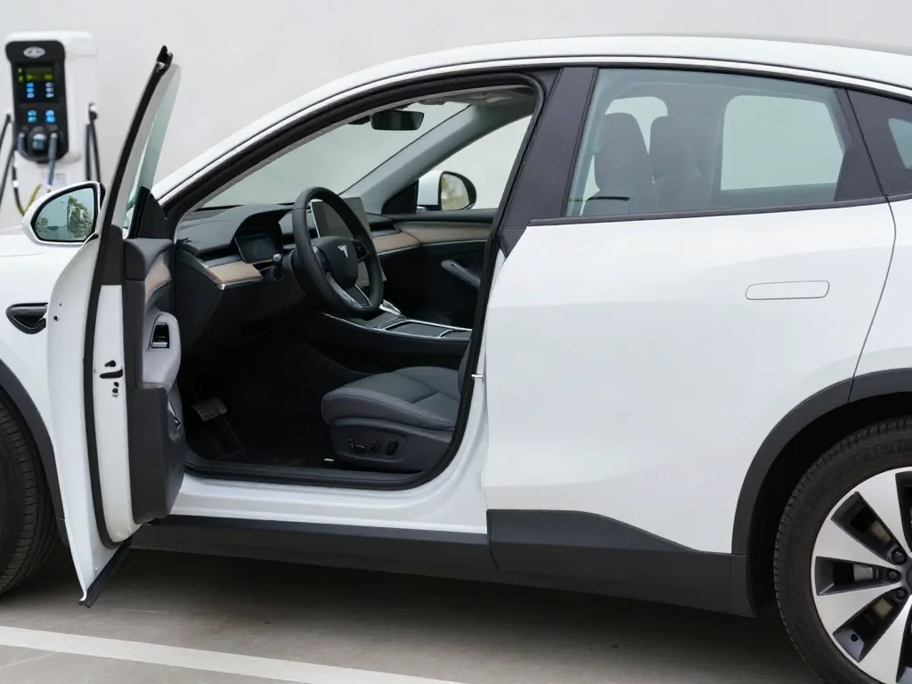 Electric car connected to a charger with its dashboard and odometer visible through an open door