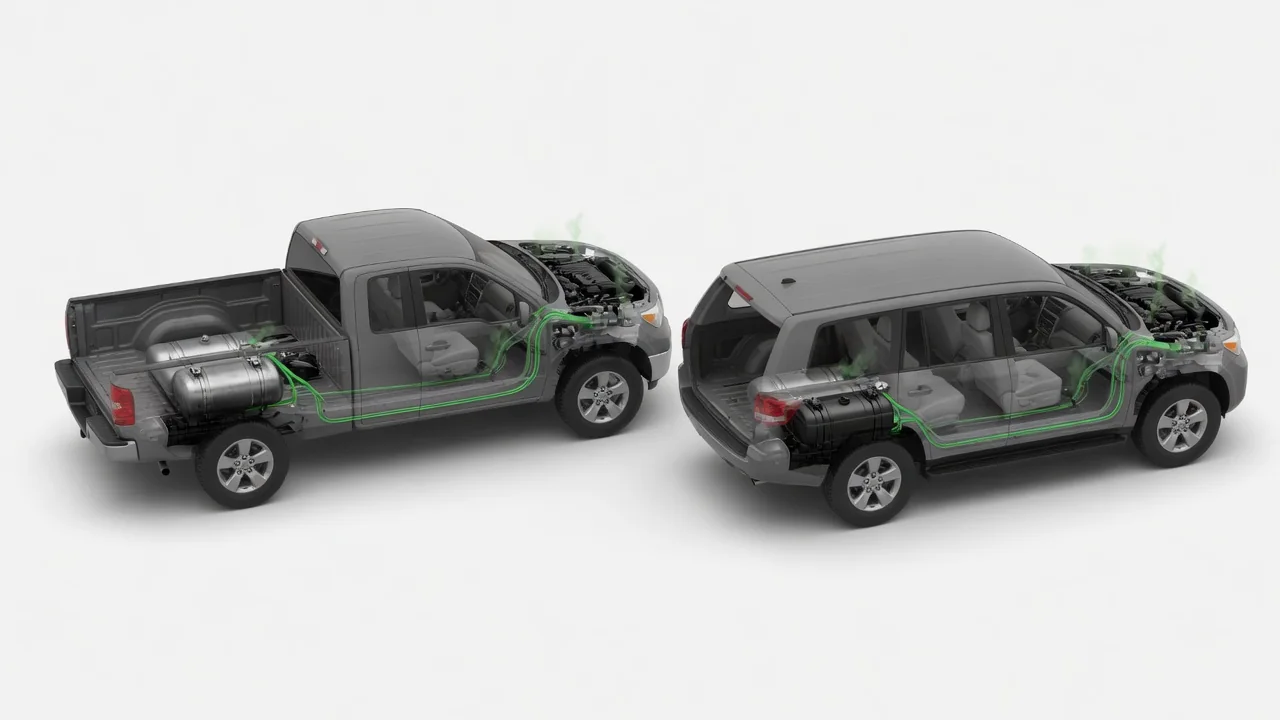 Cutaway illustration of a pickup and SUV showing the fuel tank, charcoal canister and EVAP vapor lines leading to the engine bay