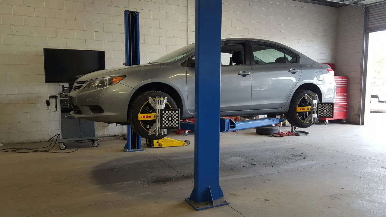 New tires mounted on a car with wheel alignment measuring equipment attached in a service bay