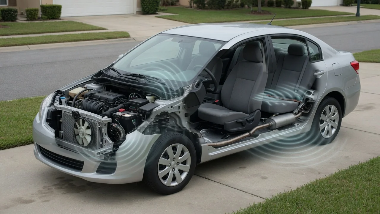 Parked car with illustrated sound markers near the dashboard, engine compartment, and fuel tank area