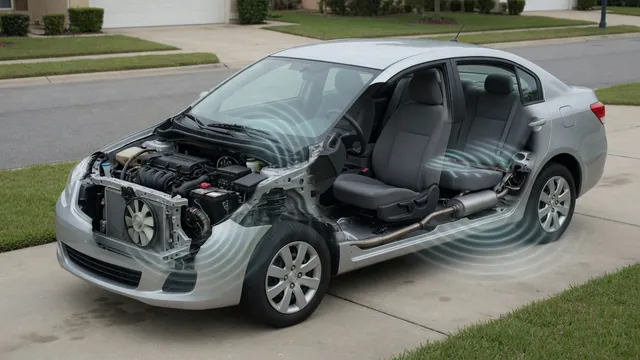 Parked car with illustrated sound markers near the dashboard, engine compartment, and fuel tank area