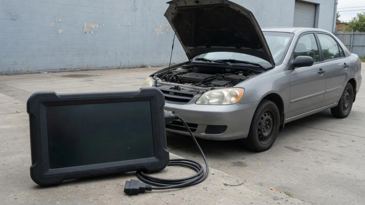 Diagnostic scan tool beside a parked vehicle with P1683 displayed on its screen