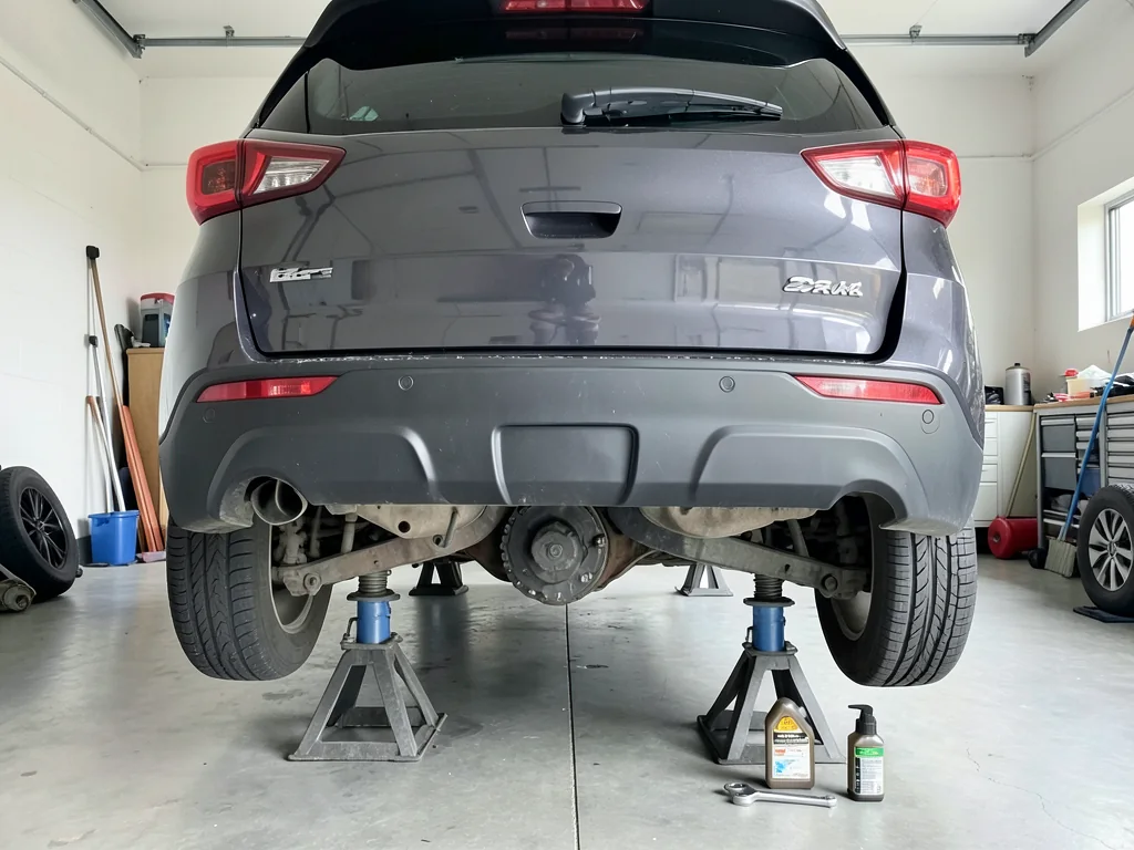 The rear differential under an AWD crossover on jack stands, with a drain pan, gear oil and tools ready for a fluid change
