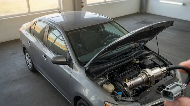 Illustration of an exhaust sensor and connector beside a Toyota Camry with its hood open