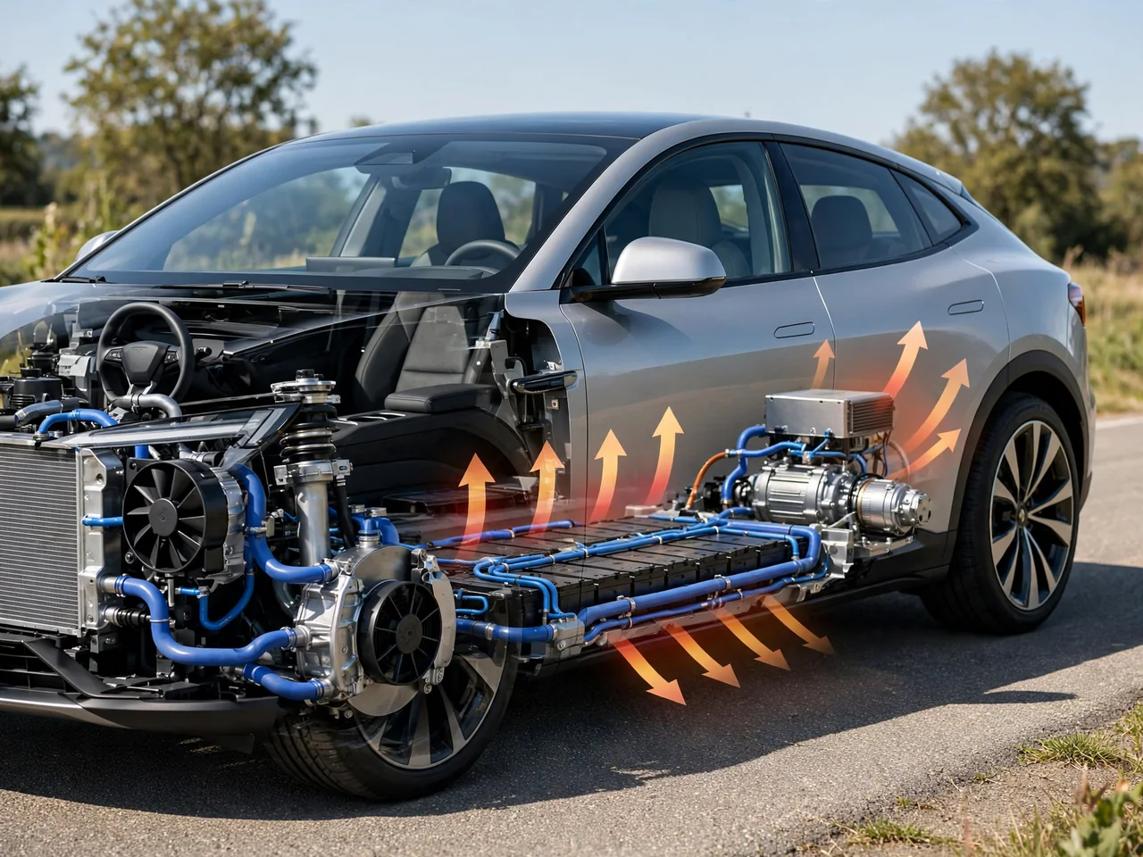 Cutaway of an electric car showing battery coolant channels and heat flowing away from the motor and inverter