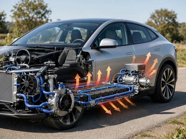 Cutaway of an electric car showing battery coolant channels and heat flowing away from the motor and inverter