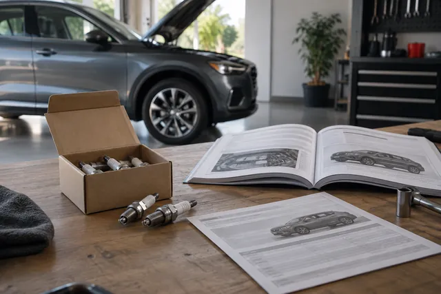 Spark plugs in packaging beside an owner’s manual and a vehicle information sheet on a workbench