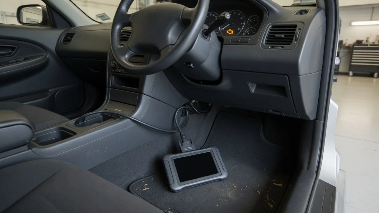 Diagnostic scanner connected inside a parked vehicle during a check-engine light inspection