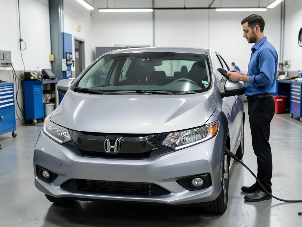 Honda Insight parked in a service bay for a hybrid battery assessment