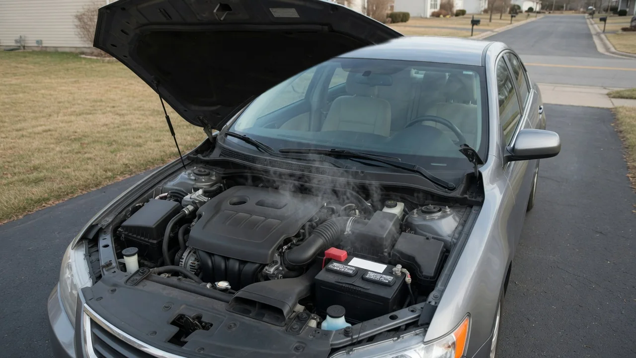Car parked outdoors with faint vapor near the battery and no people nearby