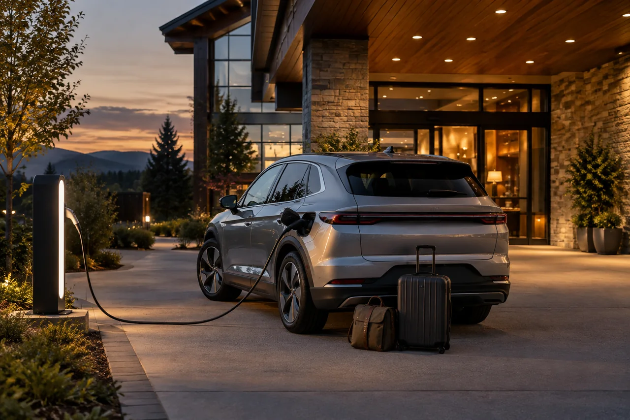 Electric car charging outside a hotel with luggage beside the vehicle