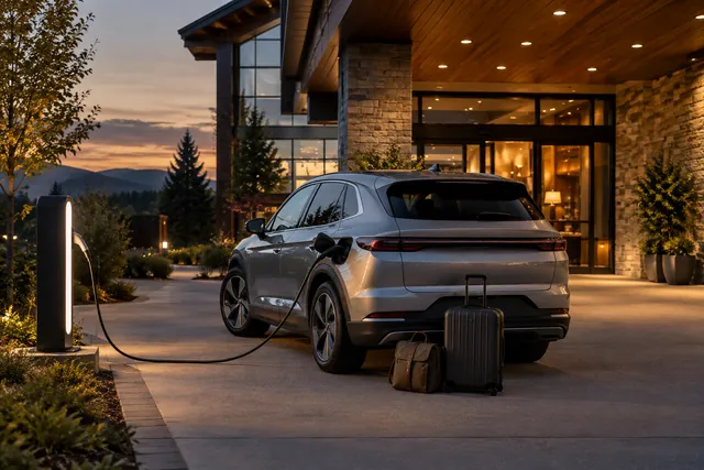 Electric car charging outside a hotel with luggage beside the vehicle