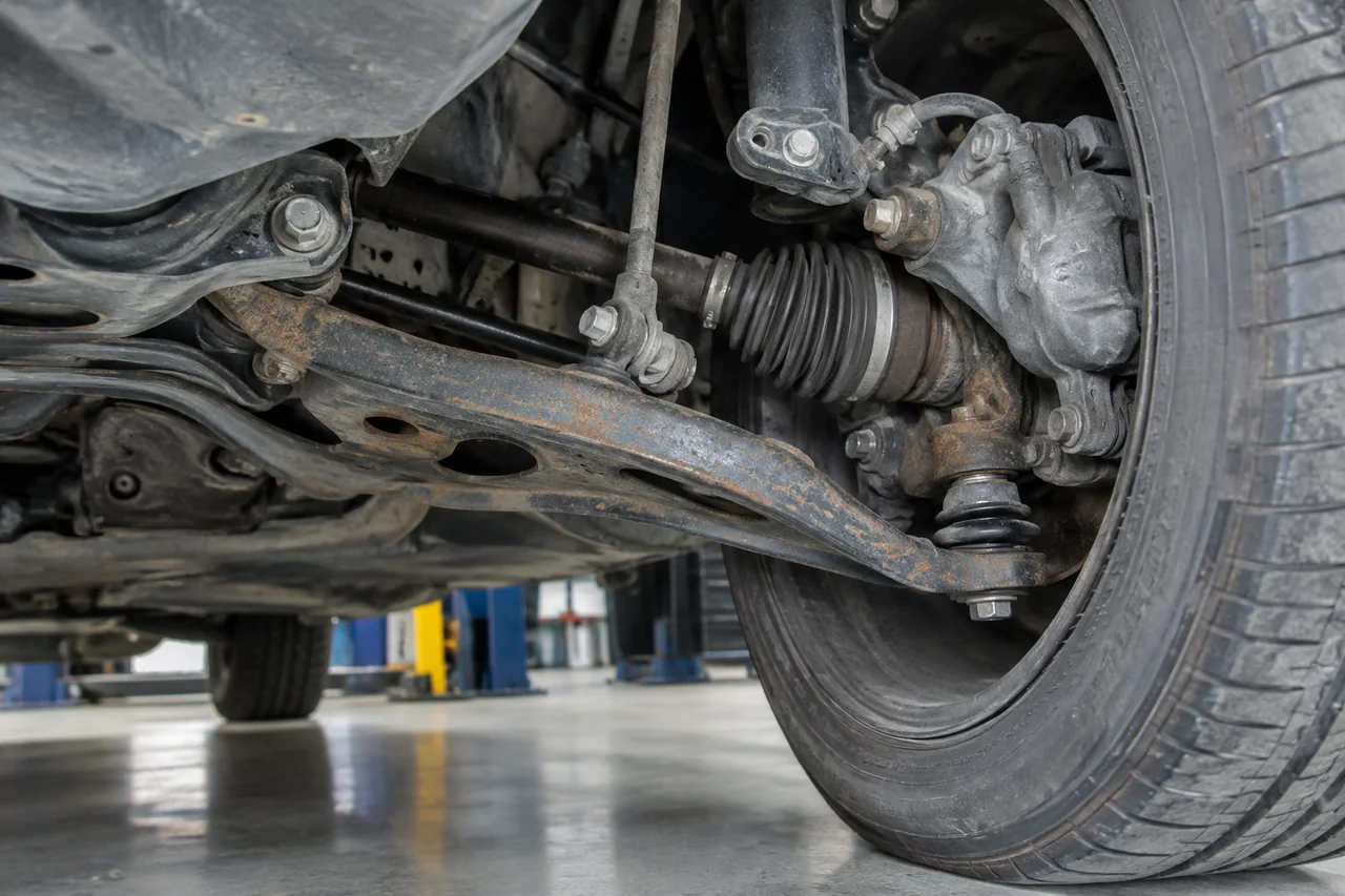 Clean suspension control arm, rubber bushing and ball joint visible inside a car wheel well