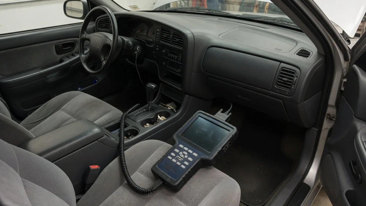 Diagnostic scanner beside a parked vehicle during a P1570 code assessment