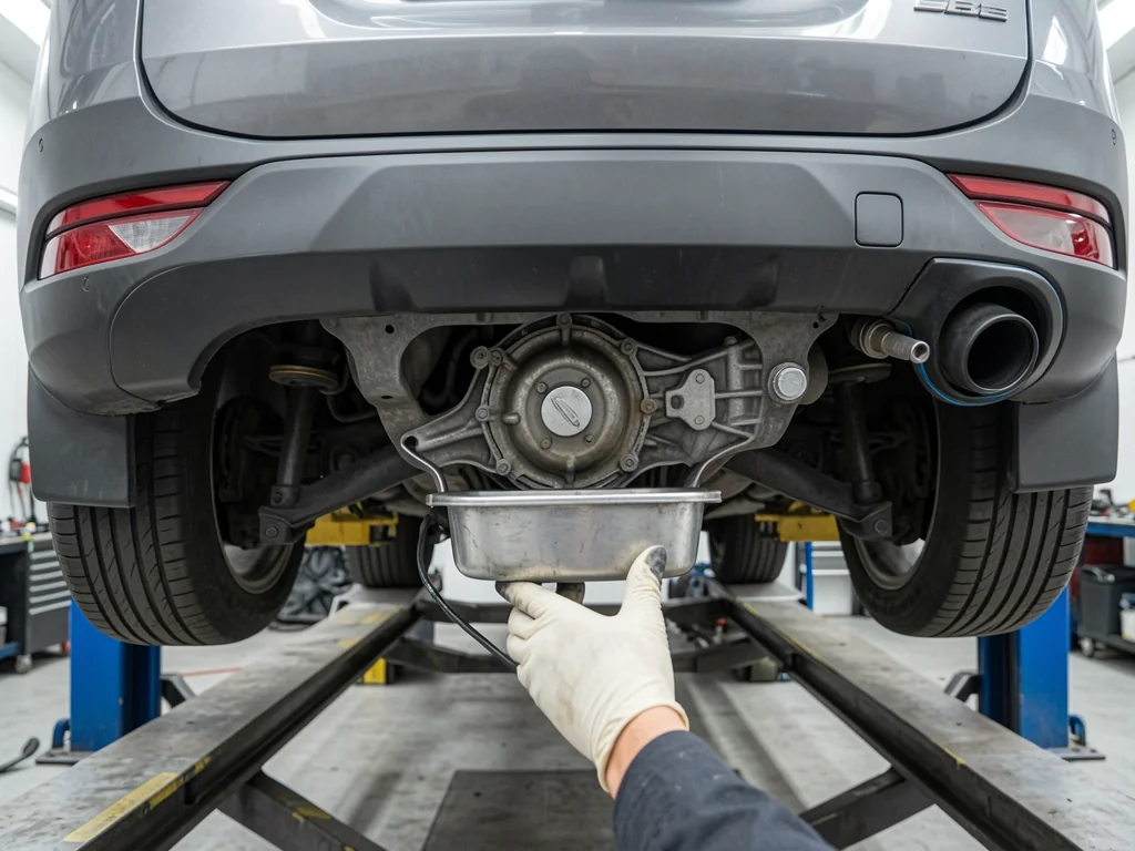 Technician checking rear differential fluid on an SUV raised on a shop lift