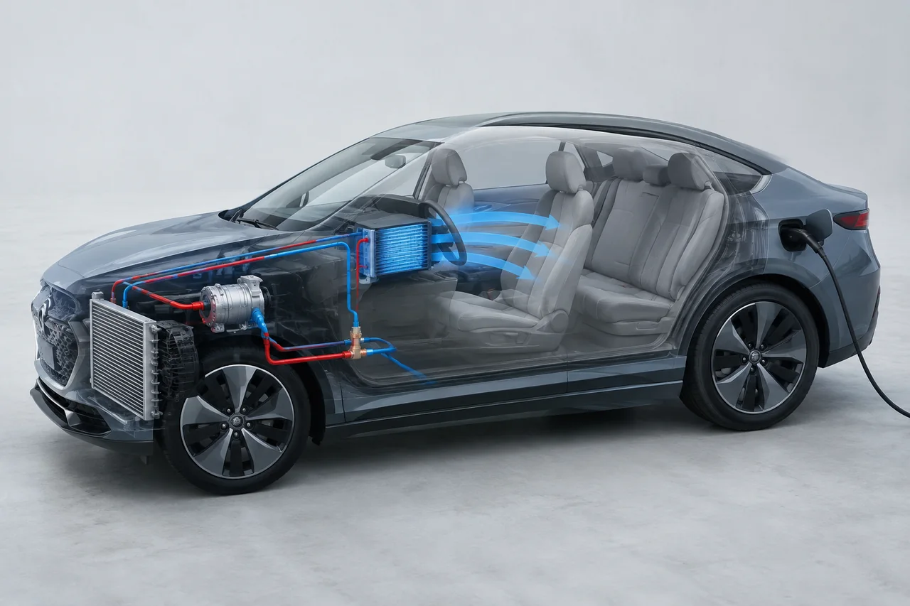 Illustration of an electric car AC system showing the electric compressor and cabin cooling circuit