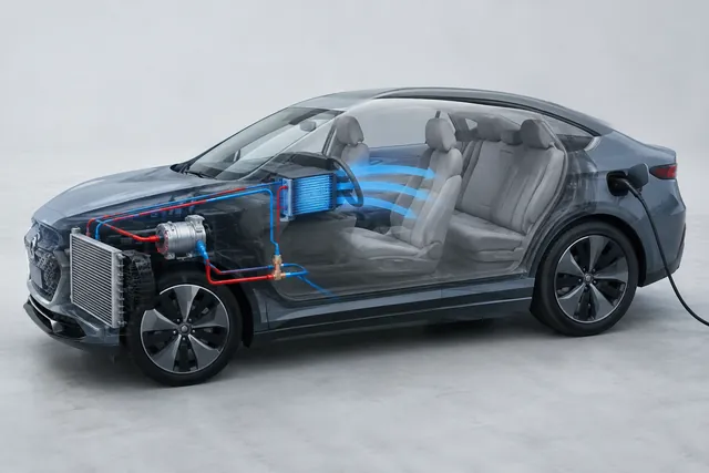 Illustration of an electric car AC system showing the electric compressor and cabin cooling circuit