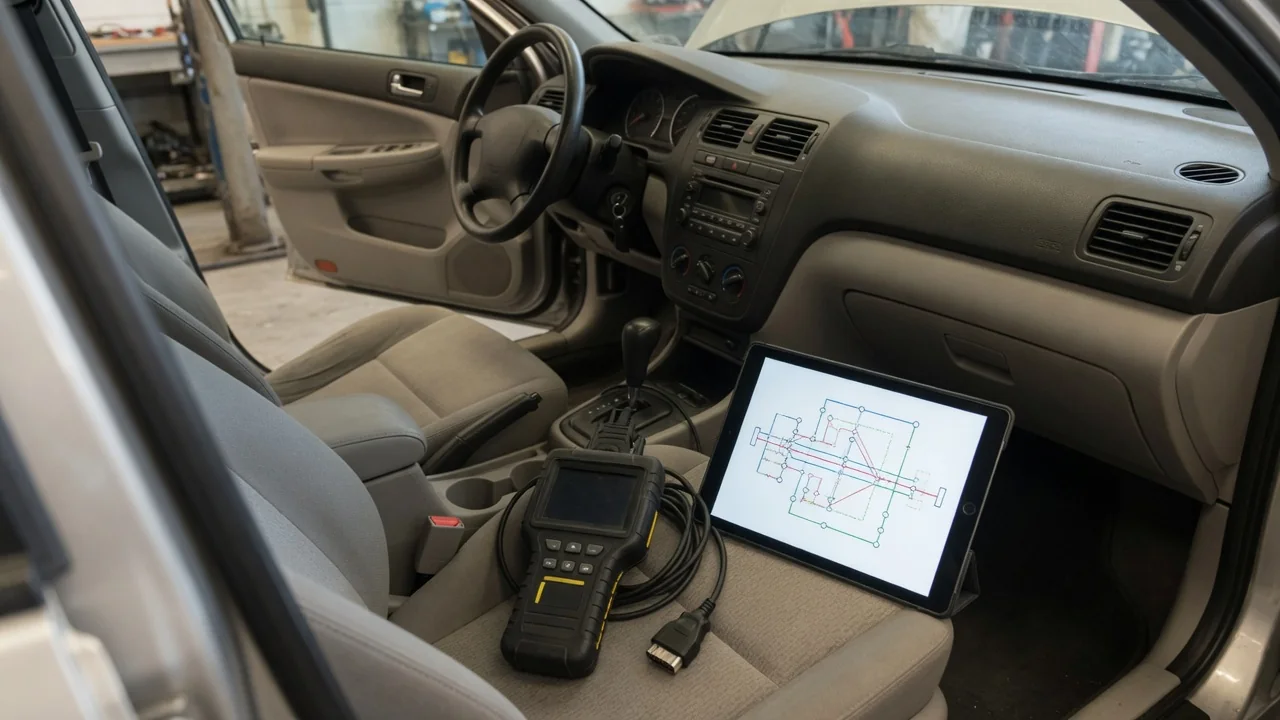 Diagnostic scan tool beside a vehicle dashboard with a control module and wiring diagram