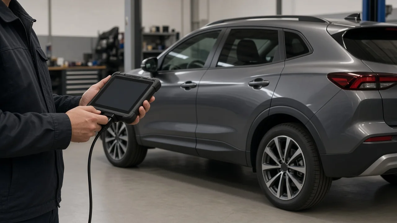 Technician reviewing brake system diagnostic codes on a scan tool beside a parked vehicle