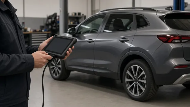 Technician reviewing brake system diagnostic codes on a scan tool beside a parked vehicle