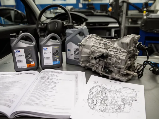 Automatic transmission fluid bottles beside a vehicle manual and an Aisin transmission illustration
