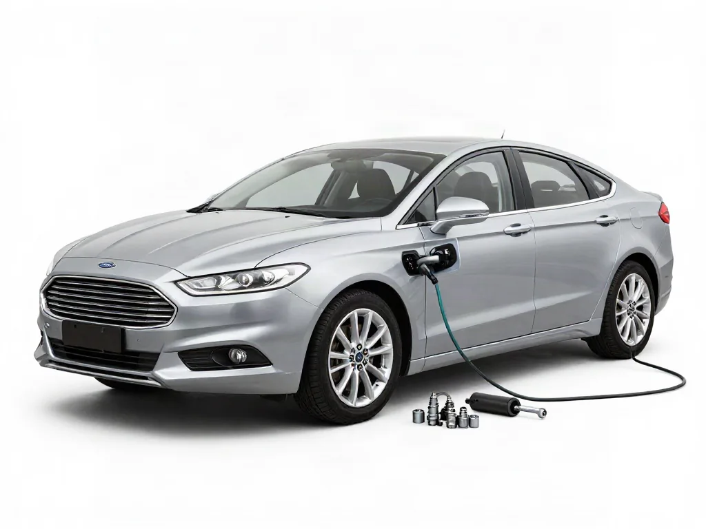 Spark plugs and an ignition coil arranged on a clean workbench beside a Ford Fusion