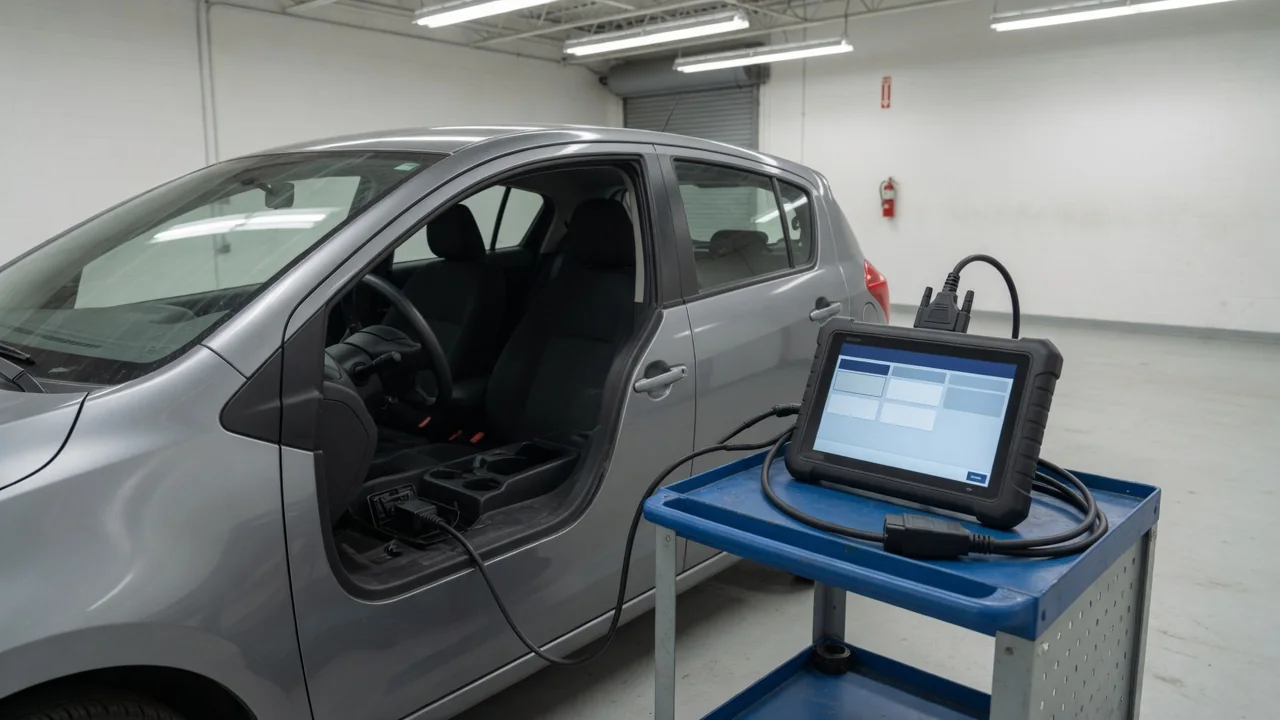 Diagnostic scan tool beside a vehicle showing trouble code P1778