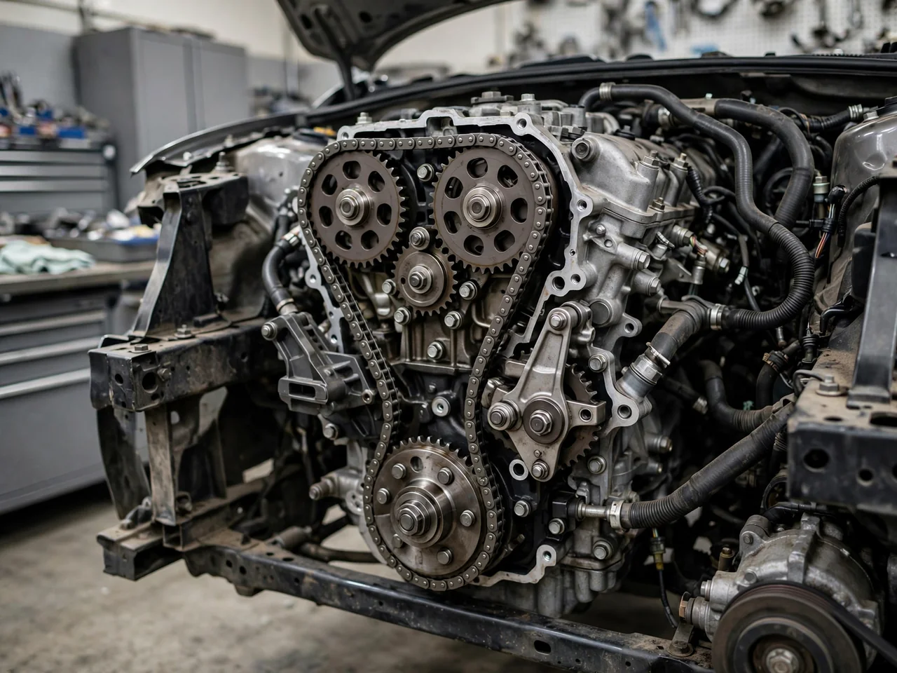 Illustration of an engine timing chain wrapped around sprockets behind the front cover