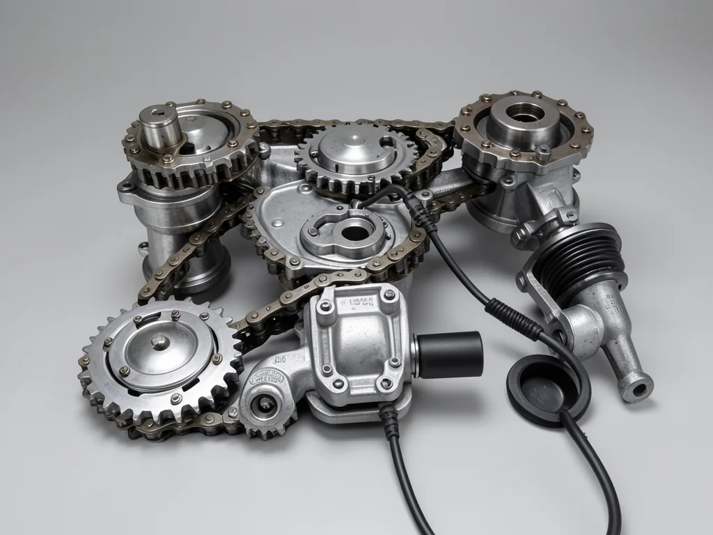 Illustration of an engine timing chain, guides, sprockets, and tensioner