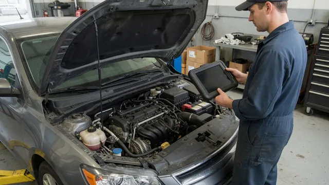 Technician reviewing camshaft position sensor fault codes on a scan tool beside an open engine bay