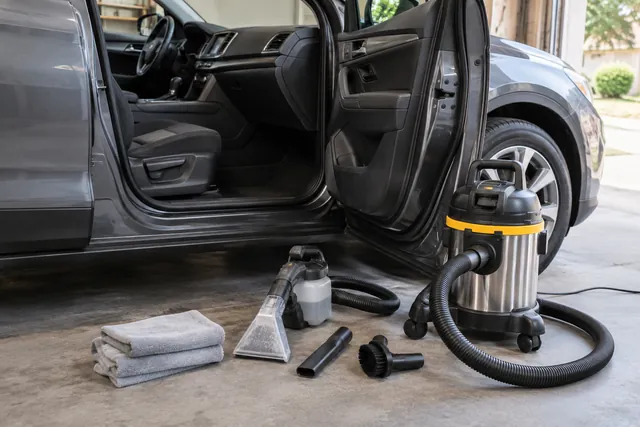 Detailing vacuum and upholstery extractor beside an open car door with carpet tools arranged nearby