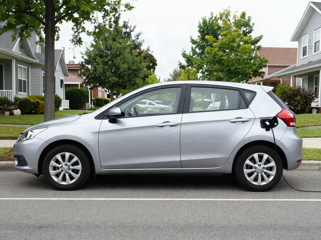 Compact hatchback parked on a residential city street near an intersection