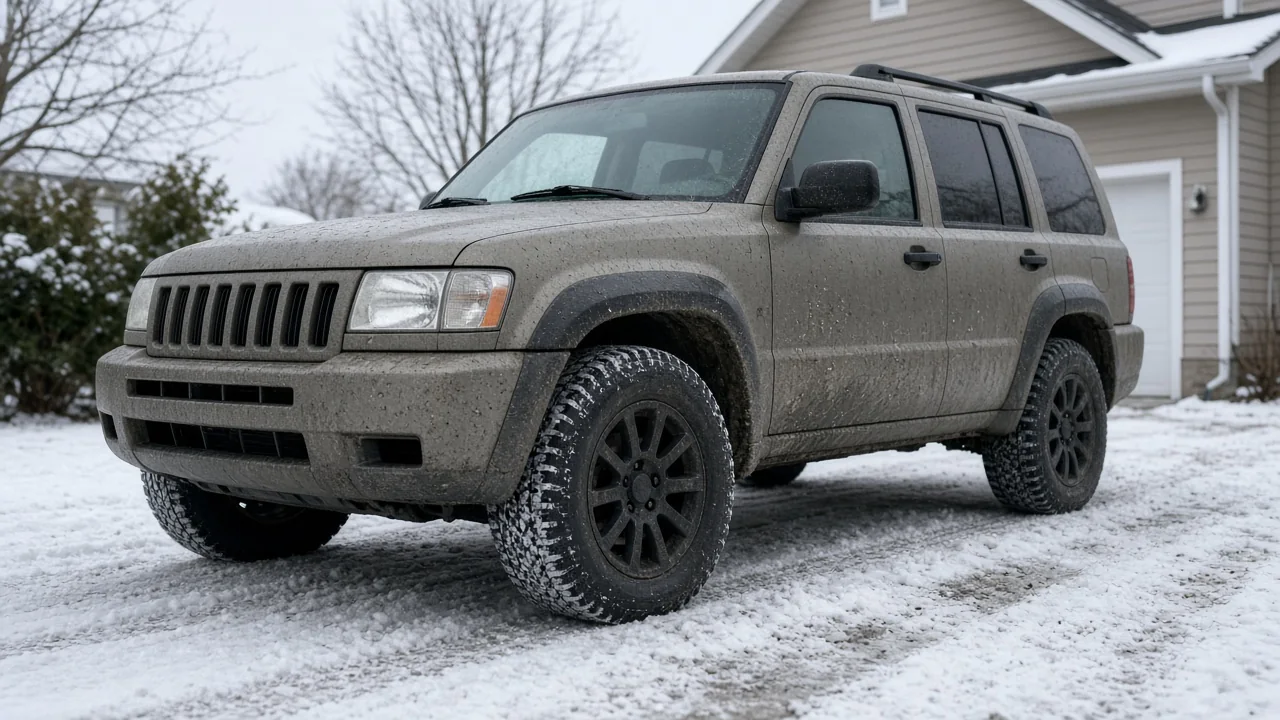 Toyota Sienna parked on a snowy driveway with winter tire tread visible