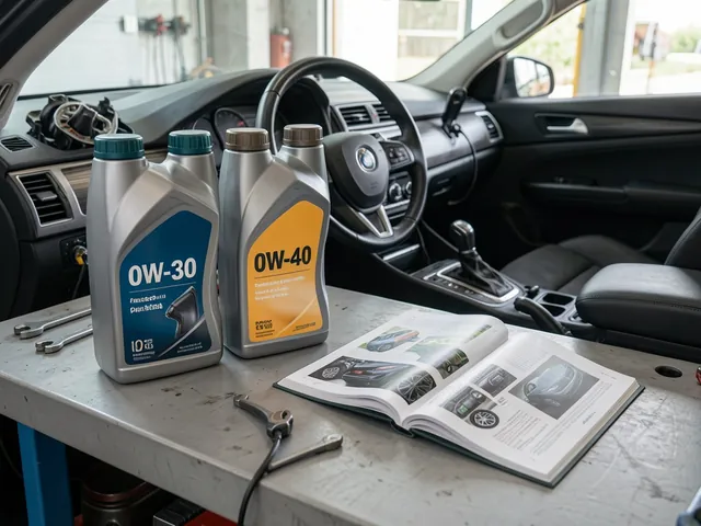 Engine oil bottles labeled 0W-30 and 0W-40 beside an owner's manual on a garage workbench.