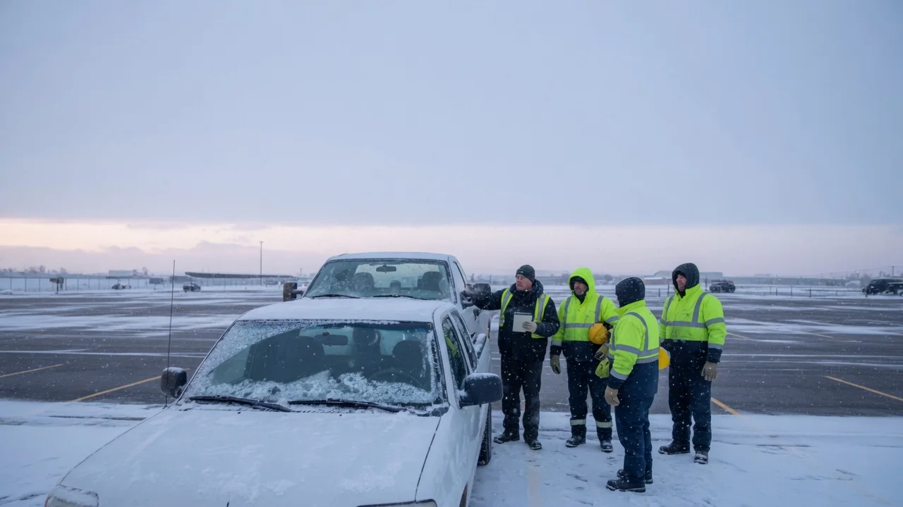 Supervisor leading a winter driving toolbox talk with employees beside a company truck in a snowy parking lot