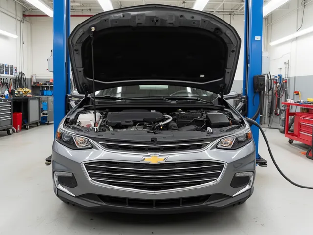 Chevy Malibu with its hood open for an engine inspection in a service bay