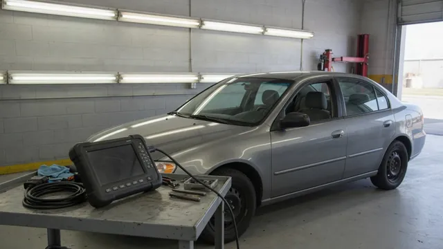 Diagnostic scanner beside a parked car during an engine fault inspection