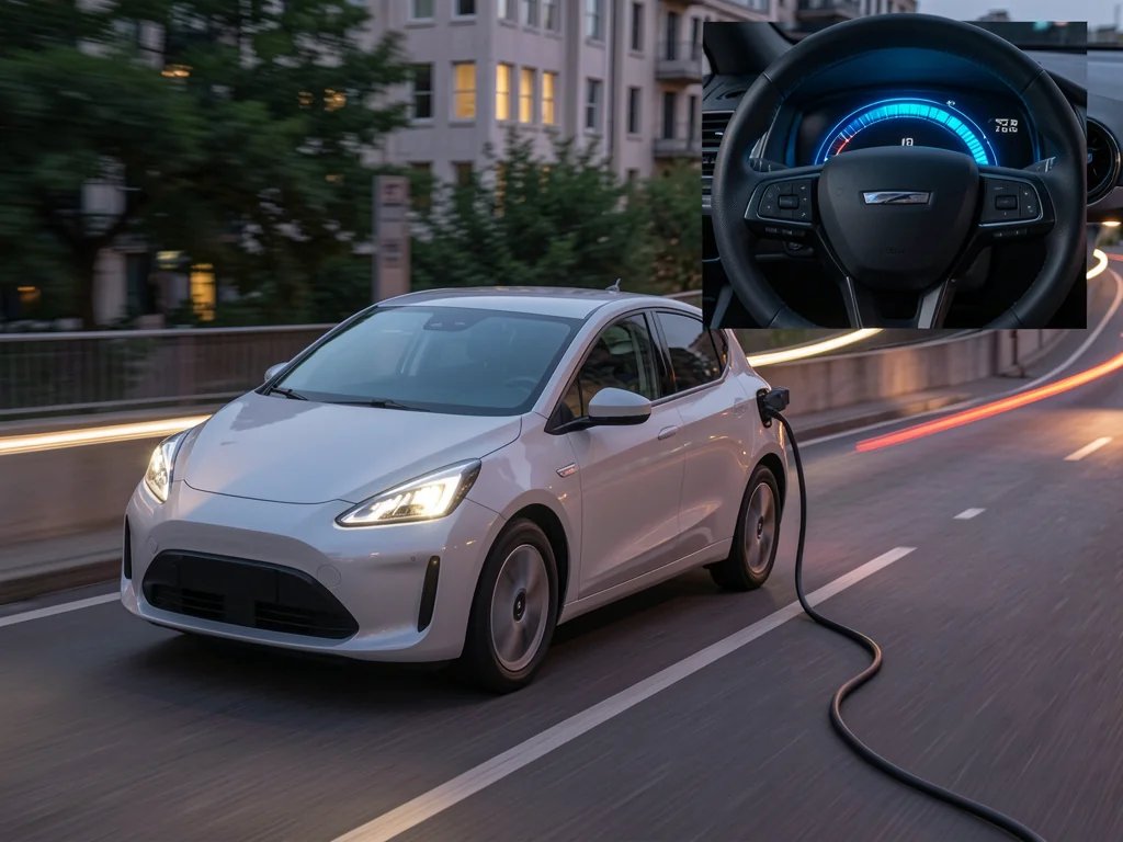 Electric hatchback slowing on a downhill city street, with a dashboard power meter showing regenerative braking energy recovery