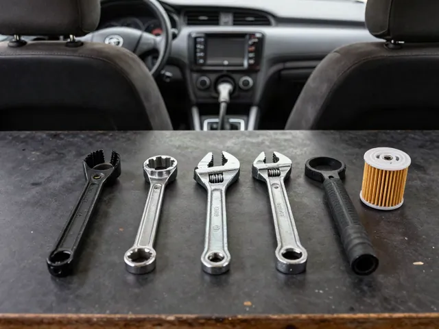 Cap wrench, 32mm socket, three-jaw claw, band clamp and belt strap oil filter wrenches laid out on a workbench beside a spin-on filter.