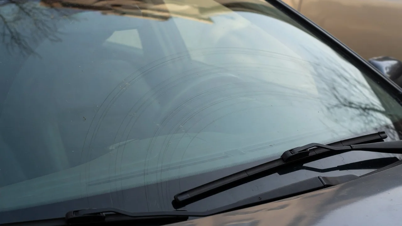 Curved wiper scratches visible on a windshield beside a resting wiper blade