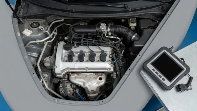 Diagnostic scan tool beside an engine with the valve cover visible