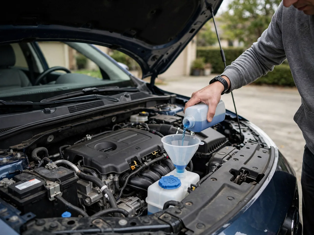 Washer fluid being poured through a clean funnel into a clearly marked windshield washer reservoir.