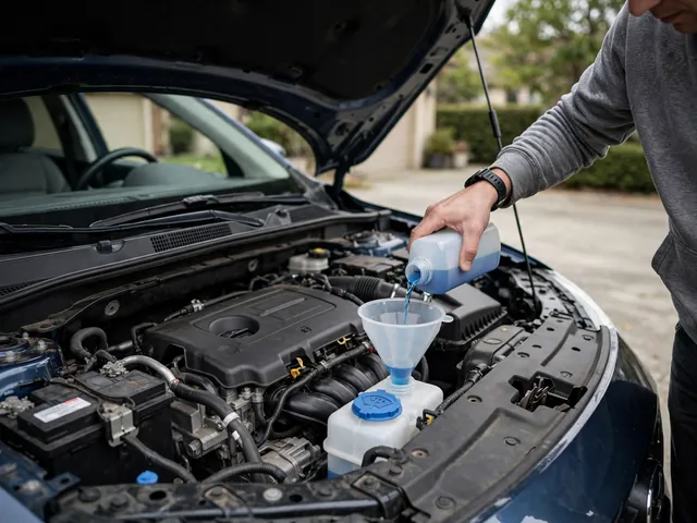 Washer fluid being poured through a clean funnel into a clearly marked windshield washer reservoir.