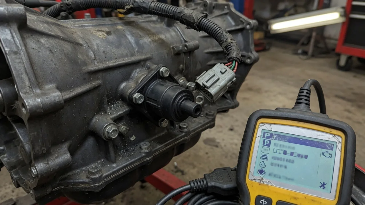 Transmission range sensor and wiring connector on an automatic transmission, with a scan tool nearby for diagnosing sensor B faults