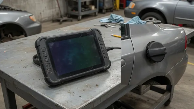 Check engine light and diagnostic scanner displaying P1456 beside a parked vehicle