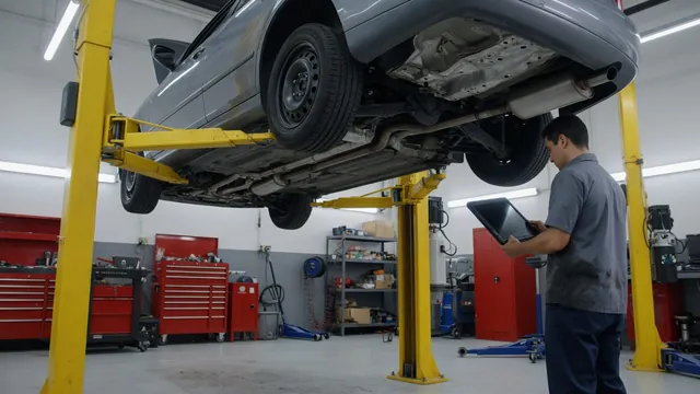 Technician reviewing scan data beside a vehicle raised for an exhaust inspection