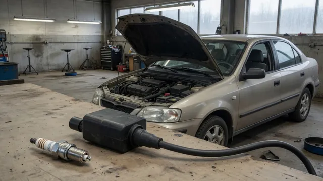 Ignition coil and spark plug beside a parked car with its engine off