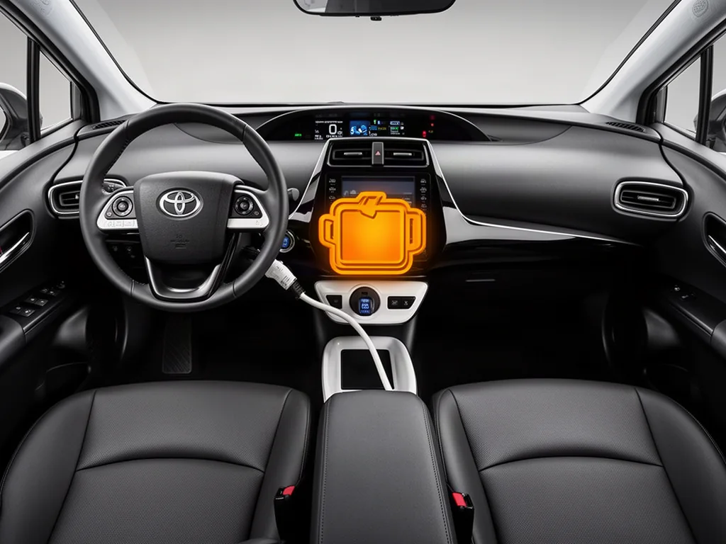 Illustration of a Toyota Prius dashboard with an illuminated amber check engine symbol